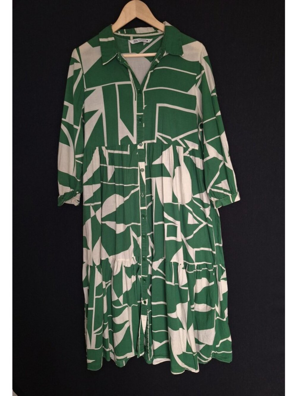 💙 Zara Green Geometric Tiered Midi Shirt Dress Size XL Cotton Button Front Over - Picture 1 of 8